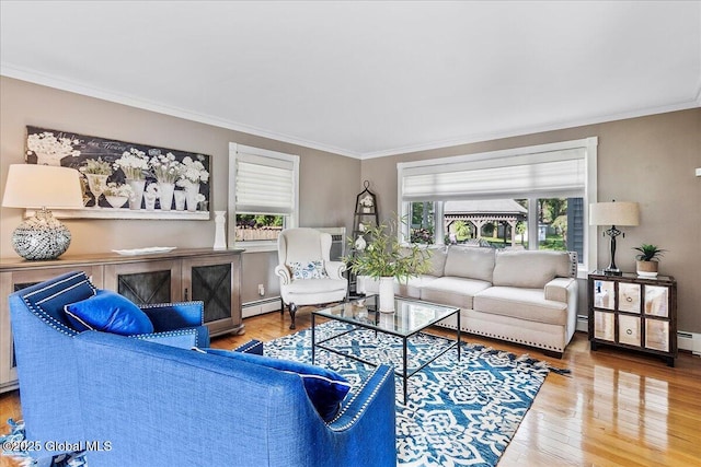 17 Cypress Pt, Clifton Park, NY 12065 - living room with baseboard heating, ornamental molding, and wood finished floors