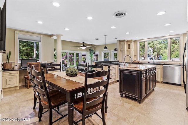 17 Cypress Pt, Clifton Park, NY 12065 - dining room featuring plenty of natural light, ornate columns, recessed lighting, and a ceiling fan
