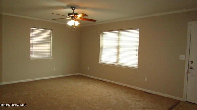 8 Cloverleaf Dr, Warrensburg, NY 12885 - spare room with ornamental molding, a ceiling fan, light carpet, and baseboards