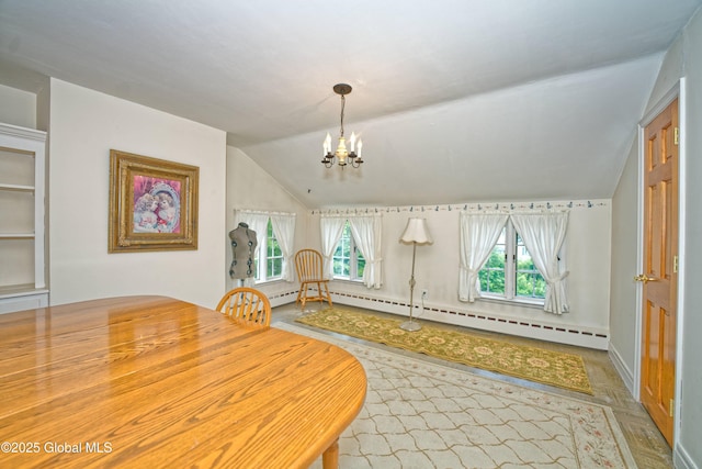 805 Karenwald Ln, Schenectady, NY 12309 - dining space with a chandelier, baseboard heating, and lofted ceiling