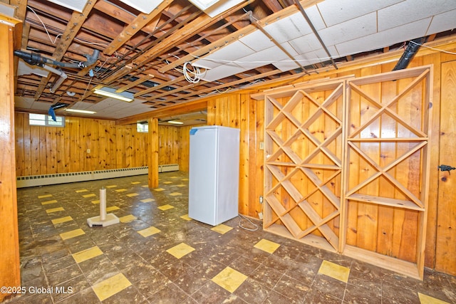 805 Karenwald Ln, Schenectady, NY 12309 - basement featuring tile patterned floors, wooden walls, and baseboard heating