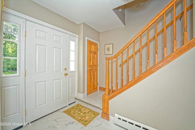 805 Karenwald Ln, Schenectady, NY 12309 - foyer with stairway, marble look tile flooring, and baseboard heating