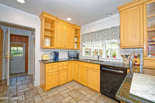 805 Karenwald Ln, Schenectady, NY 12309 - kitchen with black dishwasher, open shelves, recessed lighting, backsplash, and stone tile flooring