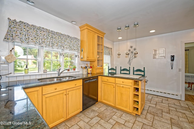 805 Karenwald Ln, Schenectady, NY 12309 - kitchen featuring dishwasher, a baseboard heating unit, open shelves, tasteful backsplash, and recessed lighting