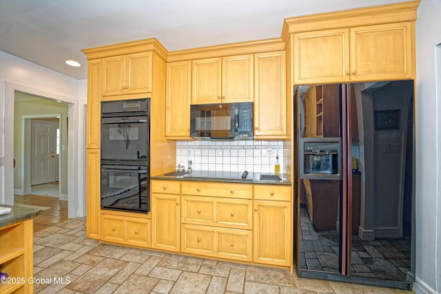 805 Karenwald Ln, Schenectady, NY 12309 - kitchen featuring black appliances, dark countertops, backsplash, recessed lighting, and light stone finish flooring