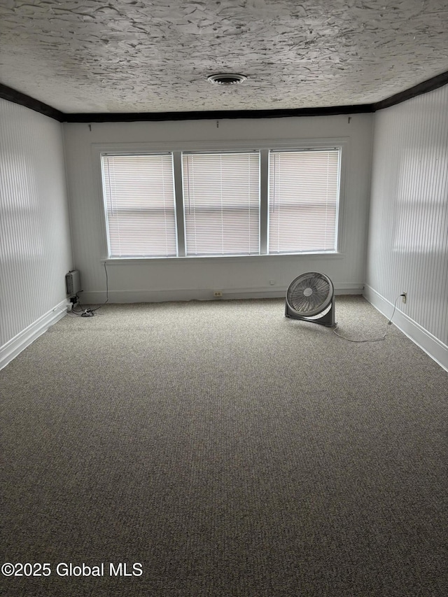 219 Green St, Schenectady, NY 12305 - carpeted spare room with a textured ceiling, baseboards, and crown molding
