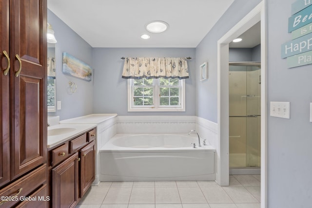 41 Jean Pl, Guilderland, NY 12303 - bathroom with tile patterned flooring, vanity, a bath, and a stall shower