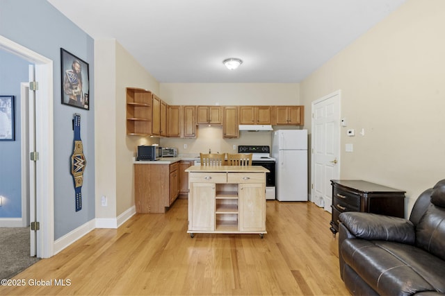 41 Jean Pl, Guilderland, NY 12303 - kitchen with white appliances, open shelves, open floor plan, under cabinet range hood, and a center island