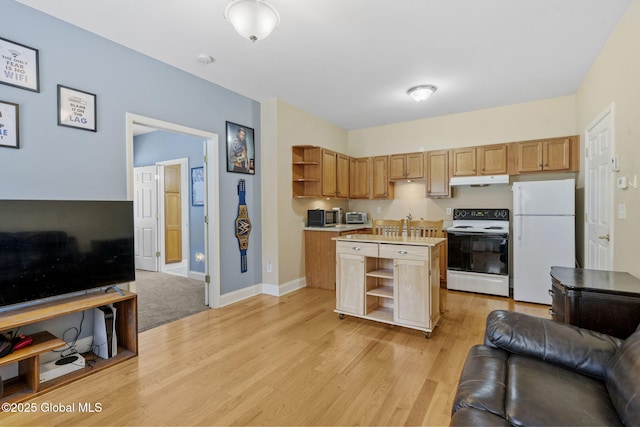 41 Jean Pl, Guilderland, NY 12303 - kitchen featuring white appliances, open shelves, open floor plan, and under cabinet range hood