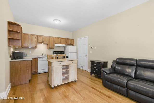 41 Jean Pl, Guilderland, NY 12303 - kitchen featuring open shelves, white appliances, open floor plan, under cabinet range hood, and light wood-type flooring