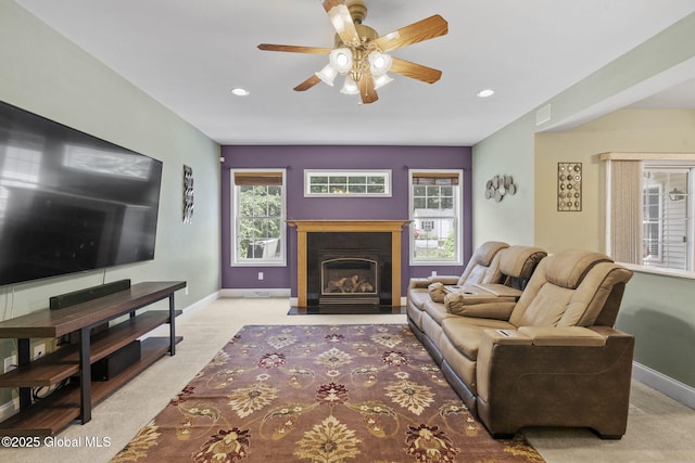 41 Jean Pl, Guilderland, NY 12303 - carpeted living area featuring a ceiling fan, recessed lighting, and a fireplace with flush hearth