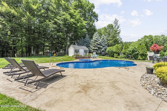 41 Jean Pl, Guilderland, NY 12303 - view of pool with a lawn, an outdoor structure, a patio area, and a pool with connected hot tub