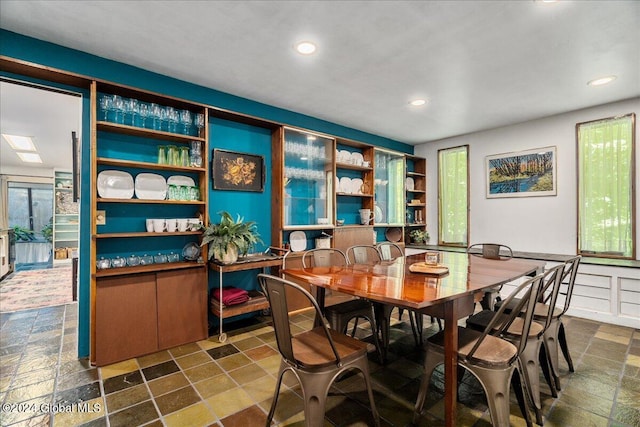 290 Camden Valley Rd, Salem, NY 12873 - dining room featuring stone tile flooring, recessed lighting, and built in shelves
