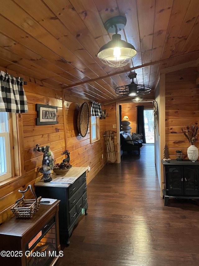 1469 S Shore Rd, Hadley, NY 12835 - corridor featuring wood ceiling, wood walls, and dark wood-style flooring
