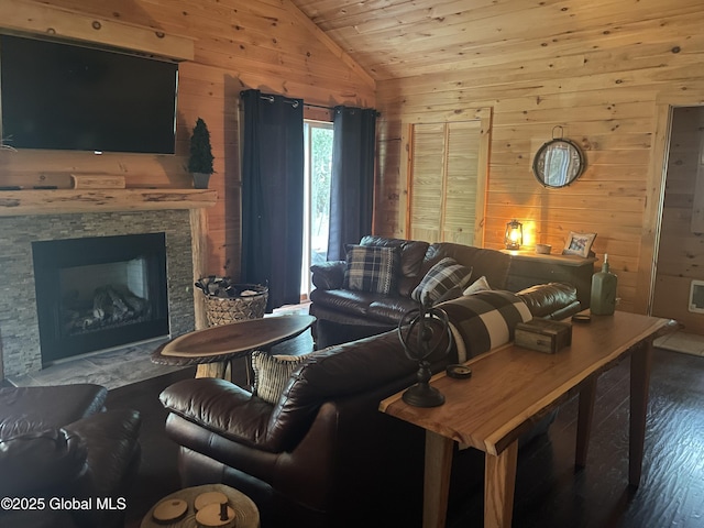 1469 S Shore Rd, Hadley, NY 12835 - living area featuring wood walls, vaulted ceiling, wood finished floors, wood ceiling, and a stone fireplace