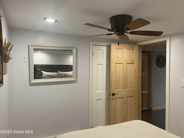 1469 S Shore Rd, Hadley, NY 12835 - bedroom with a closet, ceiling fan, recessed lighting, and baseboards