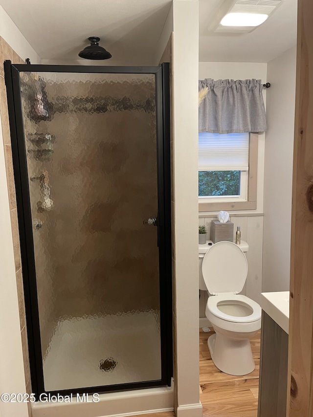 1469 S Shore Rd, Hadley, NY 12835 - full bath with wood finished floors, vanity, toilet, and a shower stall