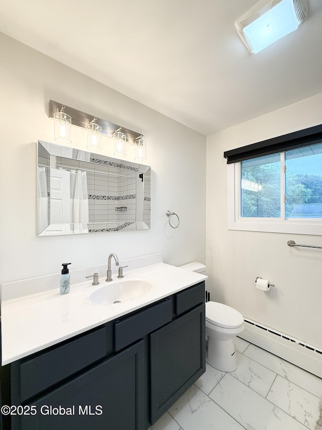 10 Kasper Dr, Colonie, NY 12211 - full bathroom with marble finish flooring, a baseboard radiator, vanity, a shower with shower curtain, and toilet
