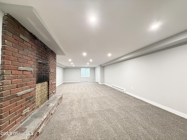 10 Kasper Dr, Colonie, NY 12211 - unfurnished living room with a fireplace, recessed lighting, brick wall, carpet floors, and baseboards