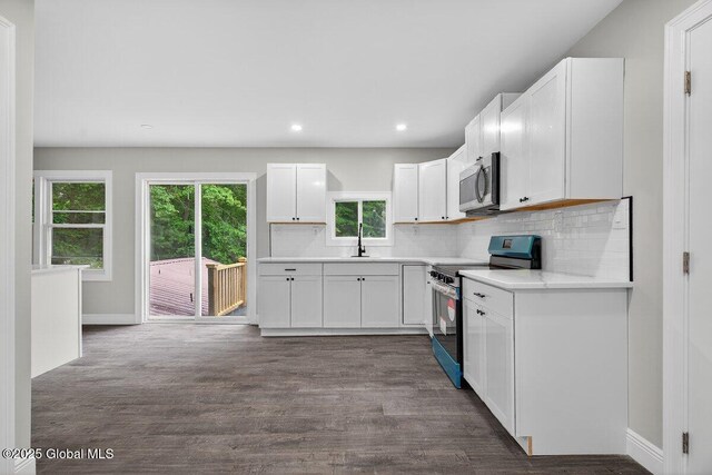 12 Haviland Ave, Glens Falls, NY 12801 - kitchen featuring stainless steel appliances, tasteful backsplash, a sink, baseboards, and dark wood-style flooring