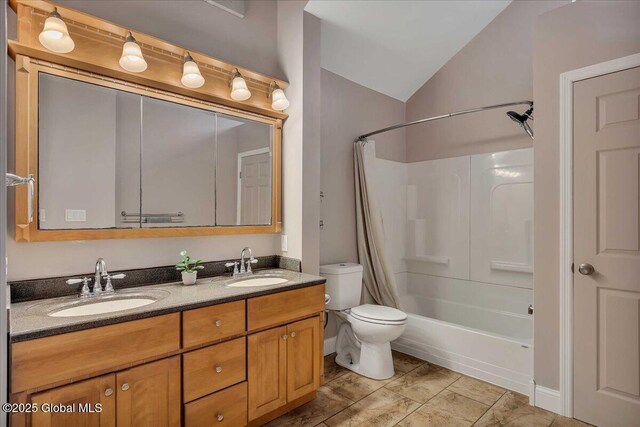 6 Maple Ter, Bethlehem, NY 12054 - bathroom with double vanity, lofted ceiling, and shower / bath combination with curtain