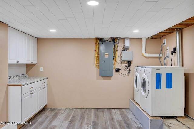 6 Maple Ter, Bethlehem, NY 12054 - washroom with electric panel, washer and dryer, cabinet space, light wood-type flooring, and recessed lighting