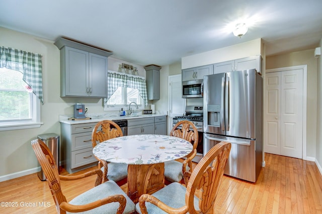 4 Tomohawk Pl, Johnstown, NY 12095 - kitchen with stainless steel appliances, gray cabinets, light countertops, and light wood finished floors