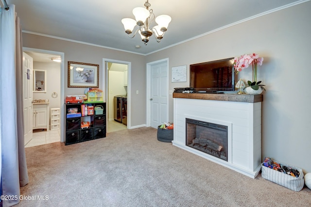 4 Tomohawk Pl, Johnstown, NY 12095 - carpeted living area with a chandelier, crown molding, and a fireplace