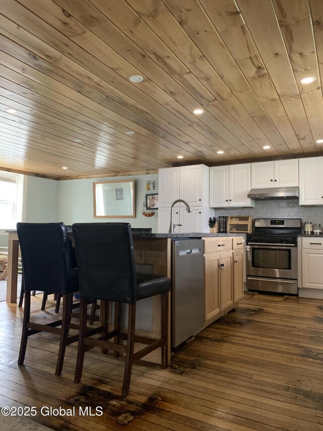 3 Meacham St, Port Henry, NY 12974 - kitchen featuring stainless steel appliances, wooden ceiling, under cabinet range hood, dark wood-style floors, and dark stone countertops