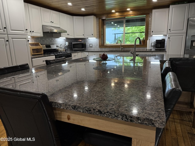 3 Meacham St, Port Henry, NY 12974 - kitchen with appliances with stainless steel finishes, under cabinet range hood, a sink, white cabinets, and recessed lighting