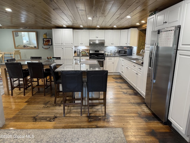 3 Meacham St, Port Henry, NY 12974 - kitchen featuring appliances with stainless steel finishes, a sink, wood ceiling, dark wood-style floors, and recessed lighting