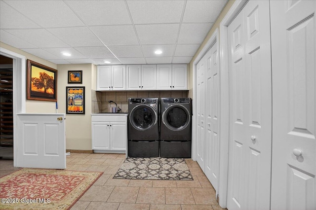 2034 Duanesburg Churches Rd, Duanesburg, NY 12053 - washroom with independent washer and dryer, cabinet space, recessed lighting, and light tile patterned floors