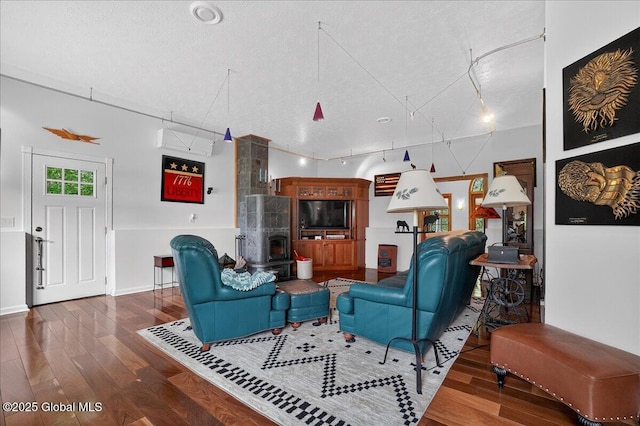 2034 Duanesburg Churches Rd, Duanesburg, NY 12053 - living area with wood finished floors, rail lighting, a wood stove, and a textured ceiling