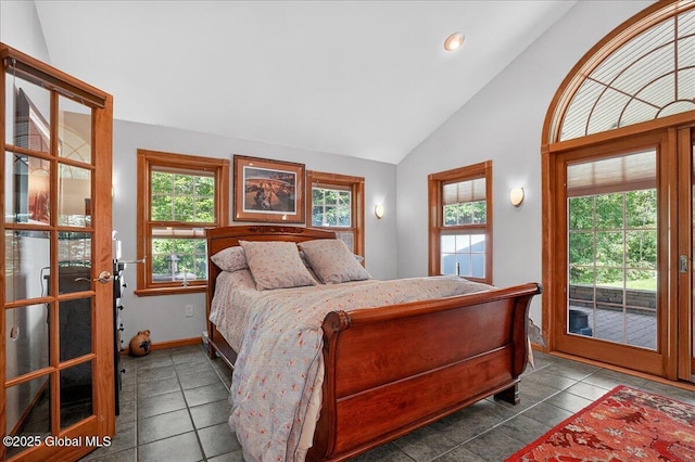 2034 Duanesburg Churches Rd, Duanesburg, NY 12053 - bedroom featuring lofted ceiling, access to outside, tile patterned floors, and recessed lighting