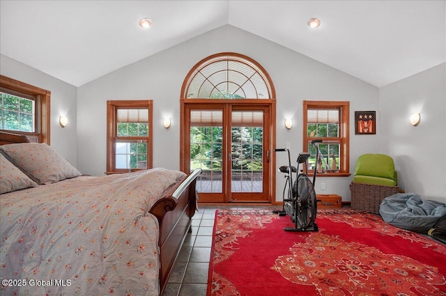 2034 Duanesburg Churches Rd, Duanesburg, NY 12053 - bedroom with lofted ceiling, access to exterior, tile patterned flooring, and recessed lighting