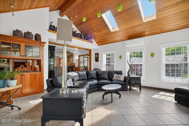 2034 Duanesburg Churches Rd, Duanesburg, NY 12053 - living room with a wood ceiling with exposed beams, light tile patterned floors, a skylight, a wall mounted air conditioner, and high vaulted ceiling