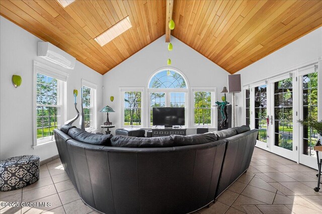 2034 Duanesburg Churches Rd, Duanesburg, NY 12053 - tiled living room with a wall mounted air conditioner, a skylight, a wood ceiling with exposed beams, and high vaulted ceiling