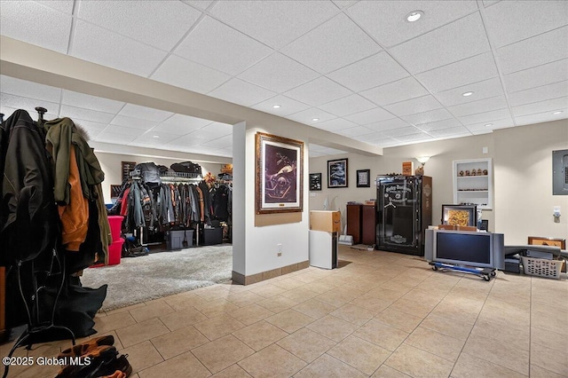 2034 Duanesburg Churches Rd, Duanesburg, NY 12053 - below grade area featuring a paneled ceiling, light colored carpet, light tile patterned flooring, and recessed lighting