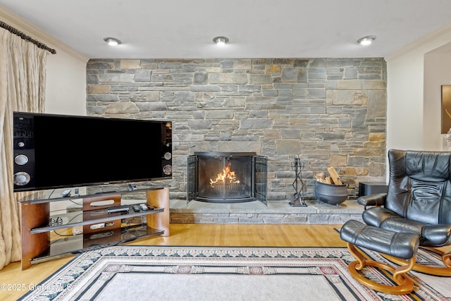 19 Tamarack Ln, Colonie, NY 12309 - living area featuring ornamental molding, wood finished floors, and a stone fireplace