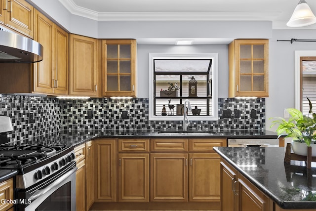 67 Victoria Way, Albany, NY 12209 - kitchen featuring stainless steel range with gas stovetop, range hood, brown cabinets, dark stone counters, and tasteful backsplash