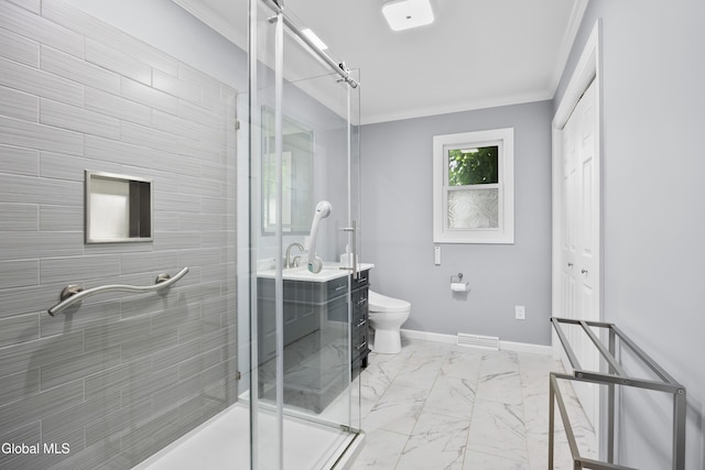 67 Victoria Way, Albany, NY 12209 - full bath featuring a stall shower, ornamental molding, marble finish floors, and vanity