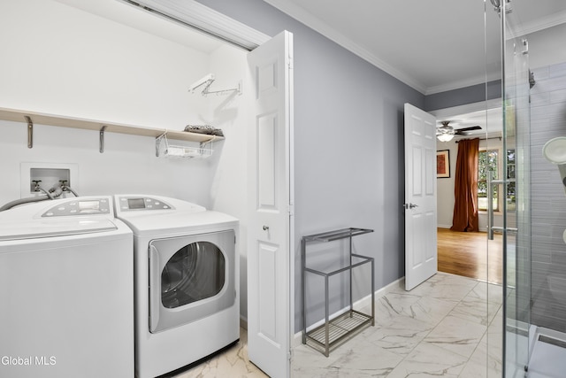 67 Victoria Way, Albany, NY 12209 - laundry area featuring light marble finish flooring, independent washer and dryer, crown molding, and a ceiling fan