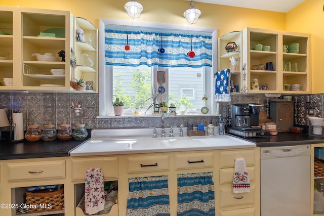 7 Bruce St, Scotia, NY 12302 - kitchen with dishwasher, backsplash, open shelves, and dark countertops