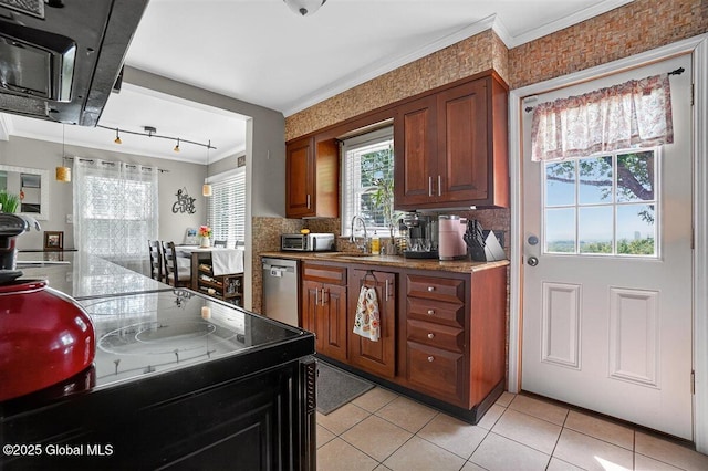 47 Mountainview Ter, North Greenbush, NY 12144 - kitchen featuring crown molding, stainless steel dishwasher, light tile patterned floors, and tasteful backsplash