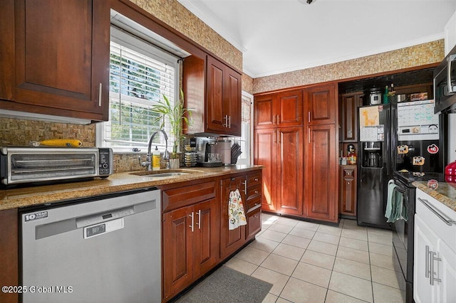 47 Mountainview Ter, North Greenbush, NY 12144 - kitchen featuring black appliances, light tile patterned floors, decorative backsplash, and ornamental molding