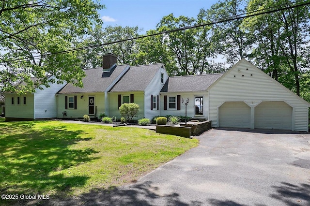 47 Mountainview Ter, North Greenbush, NY 12144 - cape cod-style house with asphalt driveway, a shingled roof, a garage, a front lawn, and a chimney