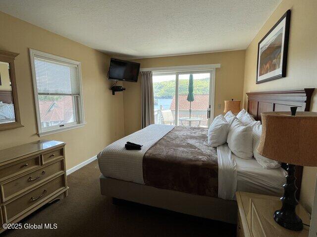 3014 Lake Shore Dr Unit 17D, Lake George, NY 12845 - bedroom featuring access to exterior, dark colored carpet, baseboards, and a textured ceiling
