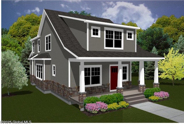 101 W High St, Ballston Spa, NY 12020 - view of front facade with a porch, stone siding, roof with shingles, and a front yard