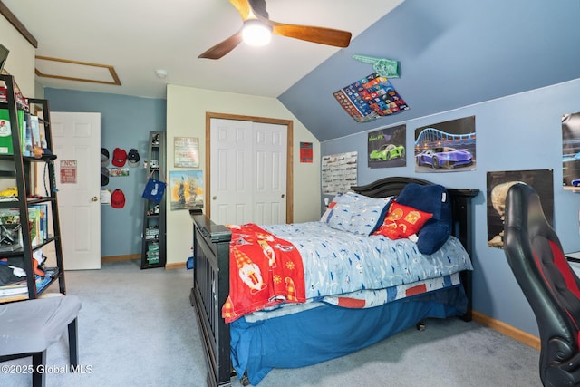 10 Overlook Dr, Wilton, NY 12831 - bedroom featuring carpet, ceiling fan, lofted ceiling, and a closet