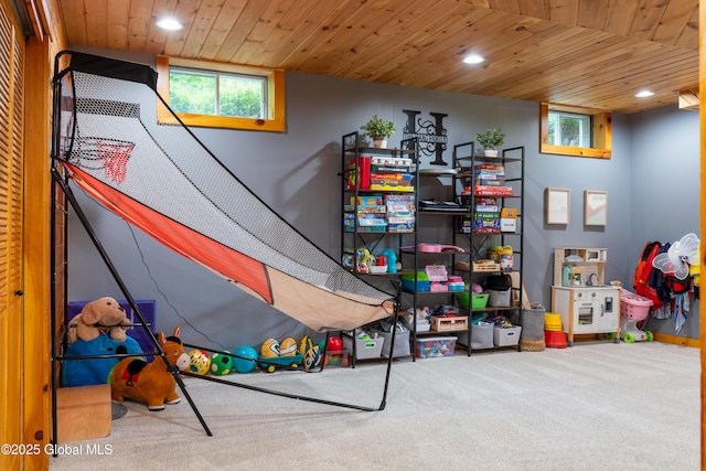 76 Hoffman Ct, Milton, NY 12020 - playroom with carpet flooring, recessed lighting, wooden ceiling, and plenty of natural light
